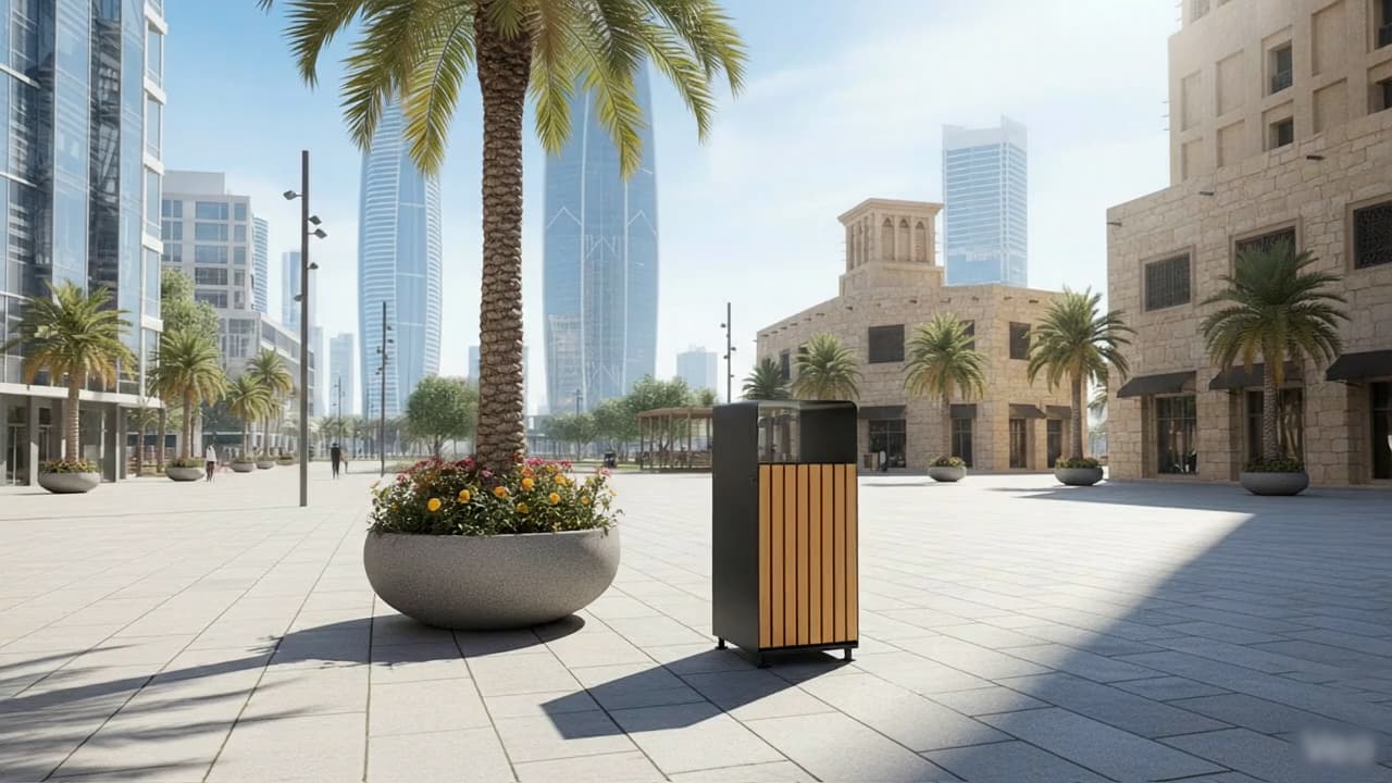 Urban plaza with modern street furniture